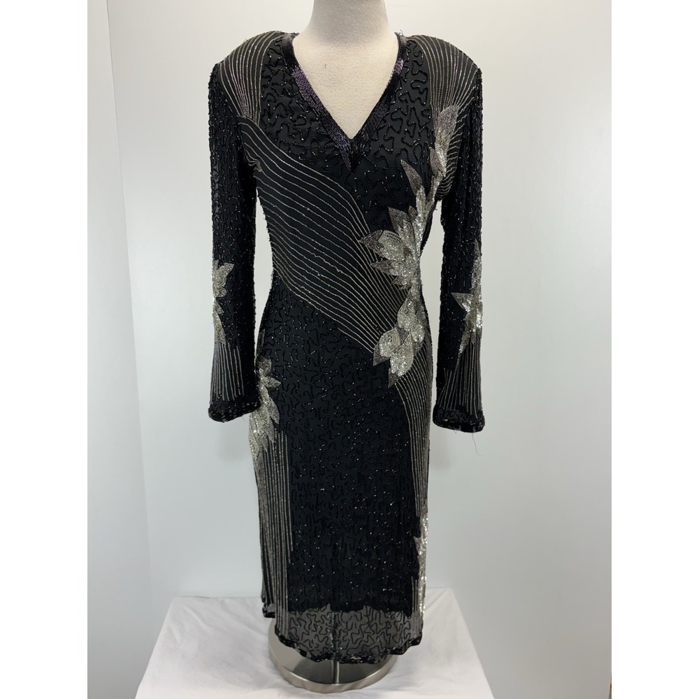 Vtg Mejere Beaded Midi Dress Women's L Black Silver Elegant Formal READ 80s